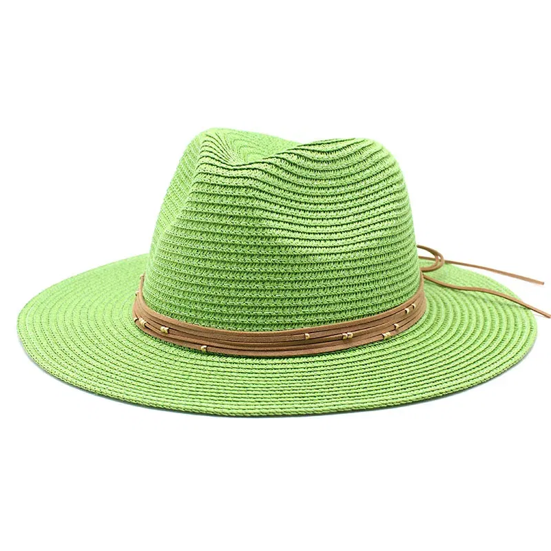 Color: green, Size: M - Big Size 60CM New Straw Hat 7cm Brim Summer Cooling Beach Sun Hat Outdoor Party Panama Jazz Hat Sombreros De Mujer