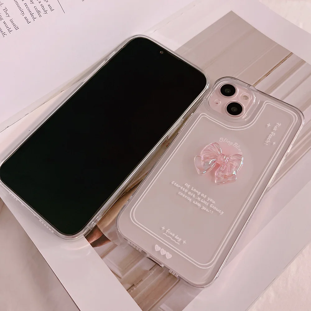 Material: Polyester, Color: WHITE - NEW 3D Bow Transparent Mobile Phone Case For IPhone 15 14 Plus 13 Pro Max 12 Pro 11 Stereo Crystal Candy Cute Full Soft Cover