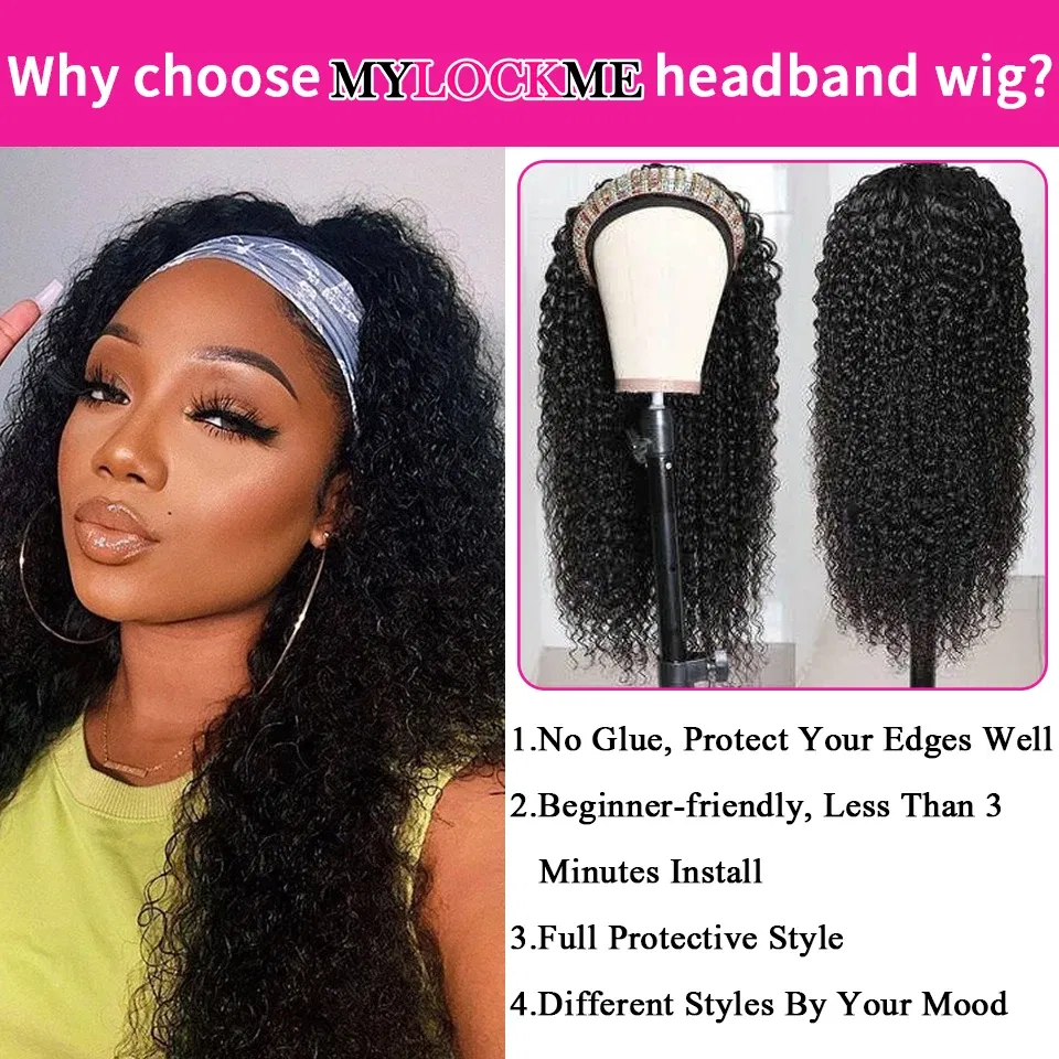 Hair Color: #130, Stretched Length: 14inches - Headband Wig Human Hair Kinky Curly MYLOCKME No Glue Full Machine Made Brazilian Remy Human Hair Wigs For Women 180% Density