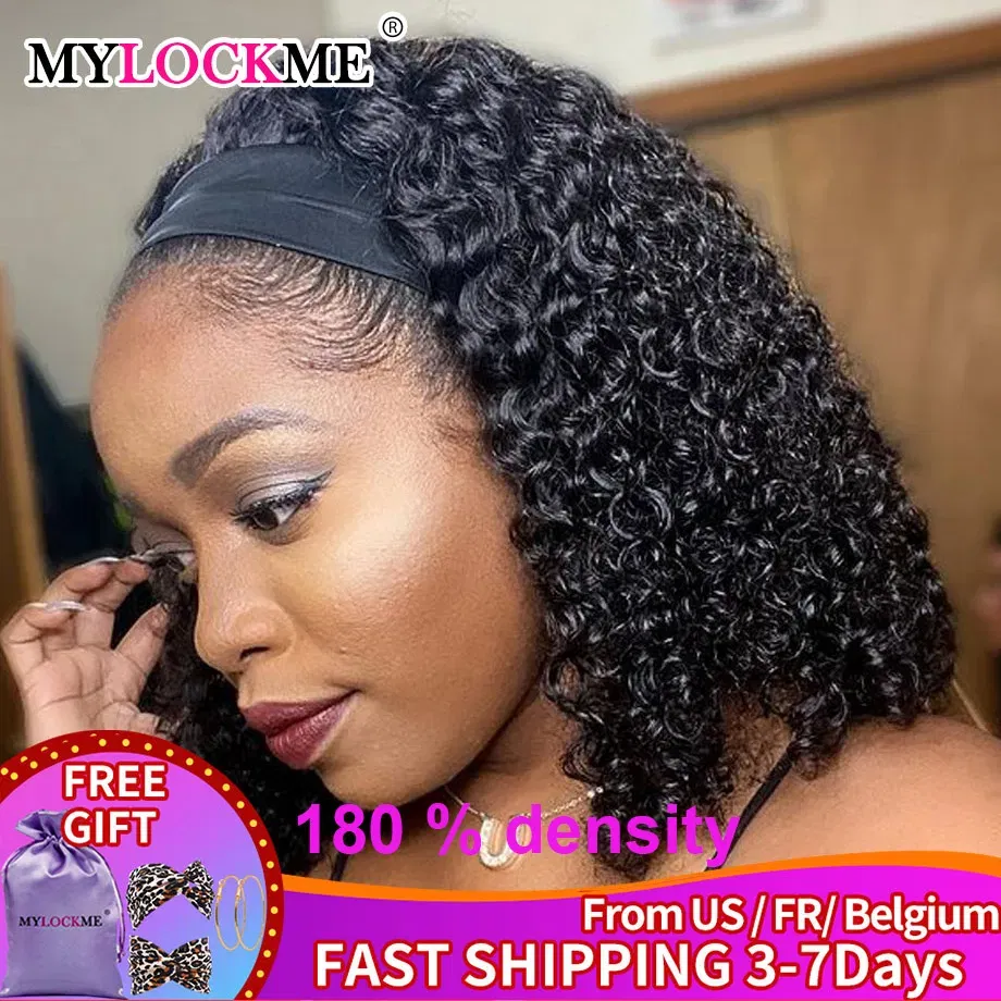Hair Color: #130, Stretched Length: 14inches - Headband Wig Human Hair Kinky Curly MYLOCKME No Glue Full Machine Made Brazilian Remy Human Hair Wigs For Women 180% Density