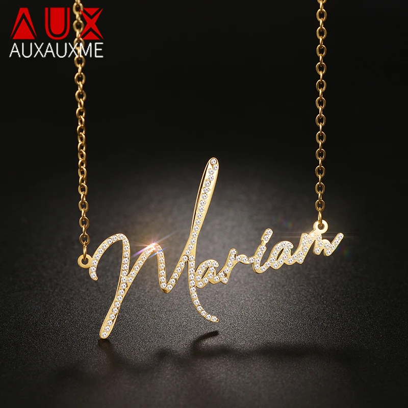 Metal Color: Rhodium Plated, Length: 45cm - Auxauxme Custom Crystal Zircon Name Necklace for Women Stainless Steel Personalized Nameplate Golden Pendant Choker Jewelry Gift