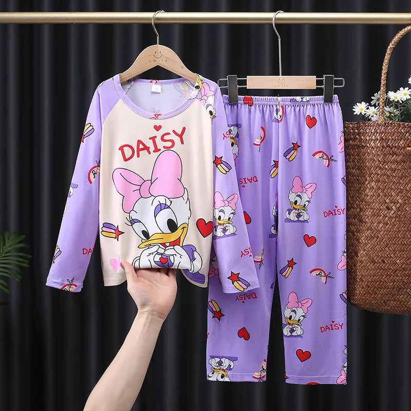 Color: Beige, Kid Size: 12t - 2pcs/set New Children Pyjamas Minnie Elsa Duck Cartoon Girls Sets Kid Home Wear boys and girls Travel Casual Sleepwear Suit