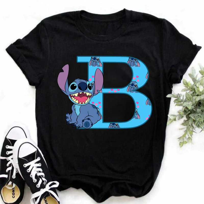 Color: Brown, Size: M - Disney Lilo&Stitch A-Z Alphabet Summer Women's Printed T-Shirt Women's Casual Tops T-Shirt Fashion Cartoon Plus Size T-Shirt