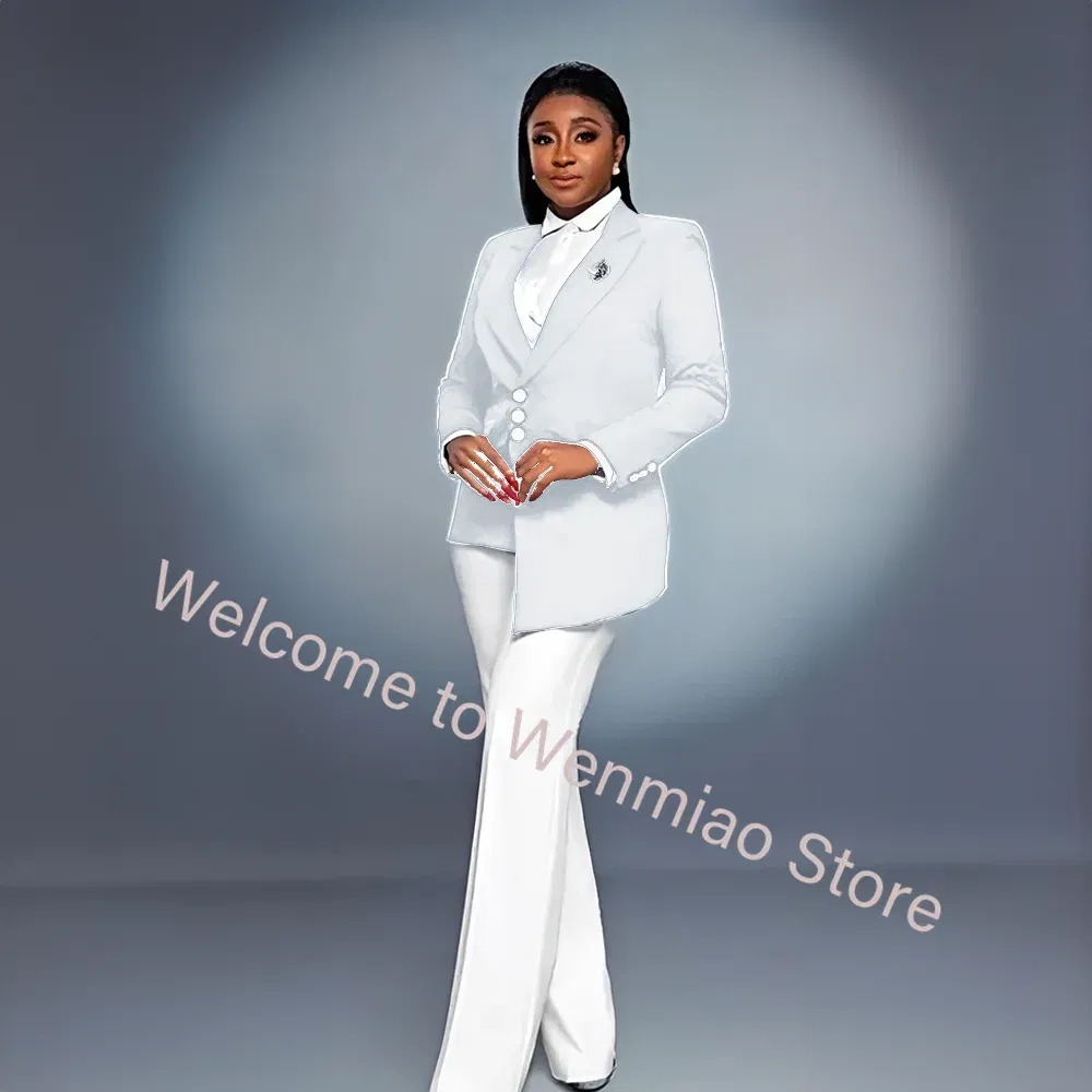 Color: WHITE, Size: 6XL - Navy Women's Blazer 2-piece Set Fashionable Jacket Pants Set Ladies Suit Formal Business Workwear Office Lady Outfit