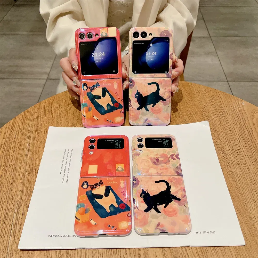 Material: Cotton Fabric, Color: Green - Cute Lazy Cat Deer Oil Painting Z Flip 3 4 5 Case Luxury for Samsung Galaxy Z Flip 4 3 5 Z4 Flip4 Flip3 Flip5 Fashion Cover