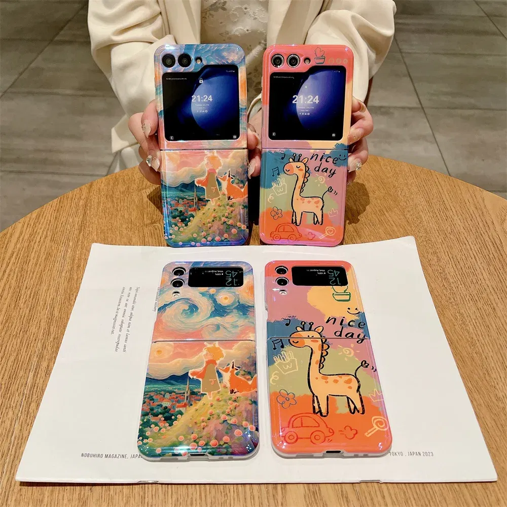 Material: Cotton Fabric, Color: Green - Cute Lazy Cat Deer Oil Painting Z Flip 3 4 5 Case Luxury for Samsung Galaxy Z Flip 4 3 5 Z4 Flip4 Flip3 Flip5 Fashion Cover