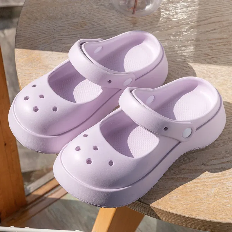 Color: PURPLE, Shoe Size: 35 - Summer Women Slippers Fashion Thick Bottom Hole Shoes EVA Slippers Anti Slip Baotou Slippers Outdoor Beach Sandals Slippers