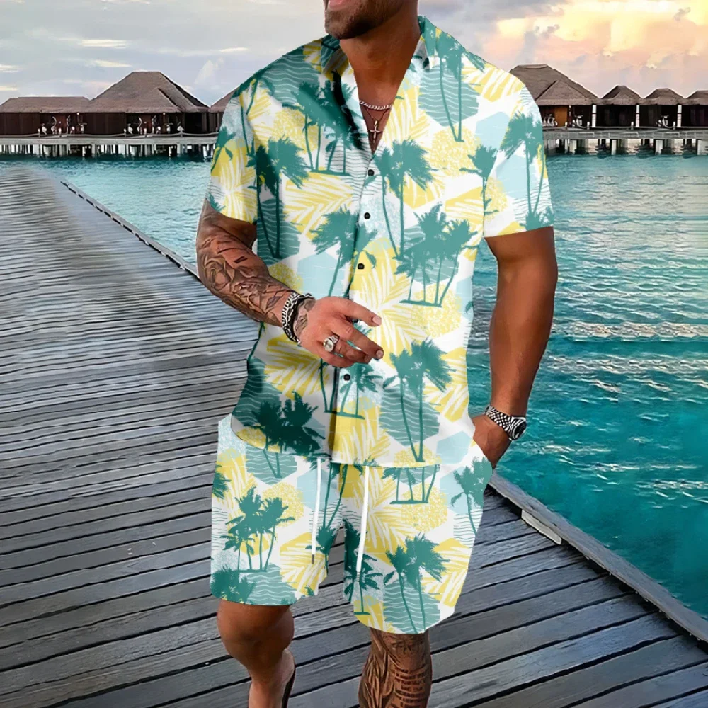 Color: Clear, Size: XXXL - Hawaiian Flamingo Coconut Tree 3d Print Short Sleeve Shirt+Shorts 2Pcs Set Casual Beachwear Vacation 2 Piece Suits Men Clothing