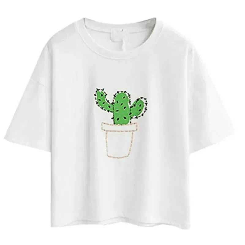 Color: black, Size: S, Ships From: CHINA - 2021 Summer Cotton Short Sleeved Crop Top T-shirt Femme Embroidered Cat T Shirts Cartoon Women Fashion Cactus Top Tee T Shirt