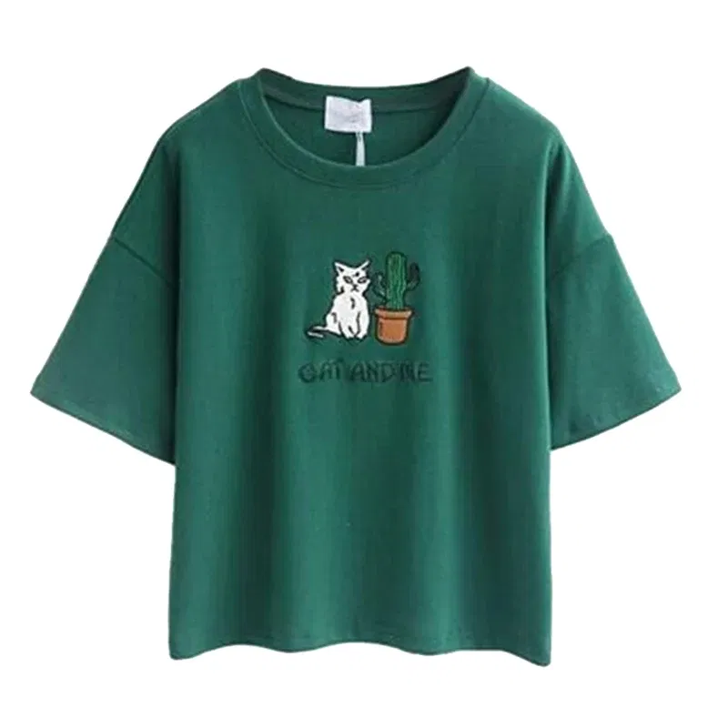 Color: black, Size: S, Ships From: CHINA - 2021 Summer Cotton Short Sleeved Crop Top T-shirt Femme Embroidered Cat T Shirts Cartoon Women Fashion Cactus Top Tee T Shirt