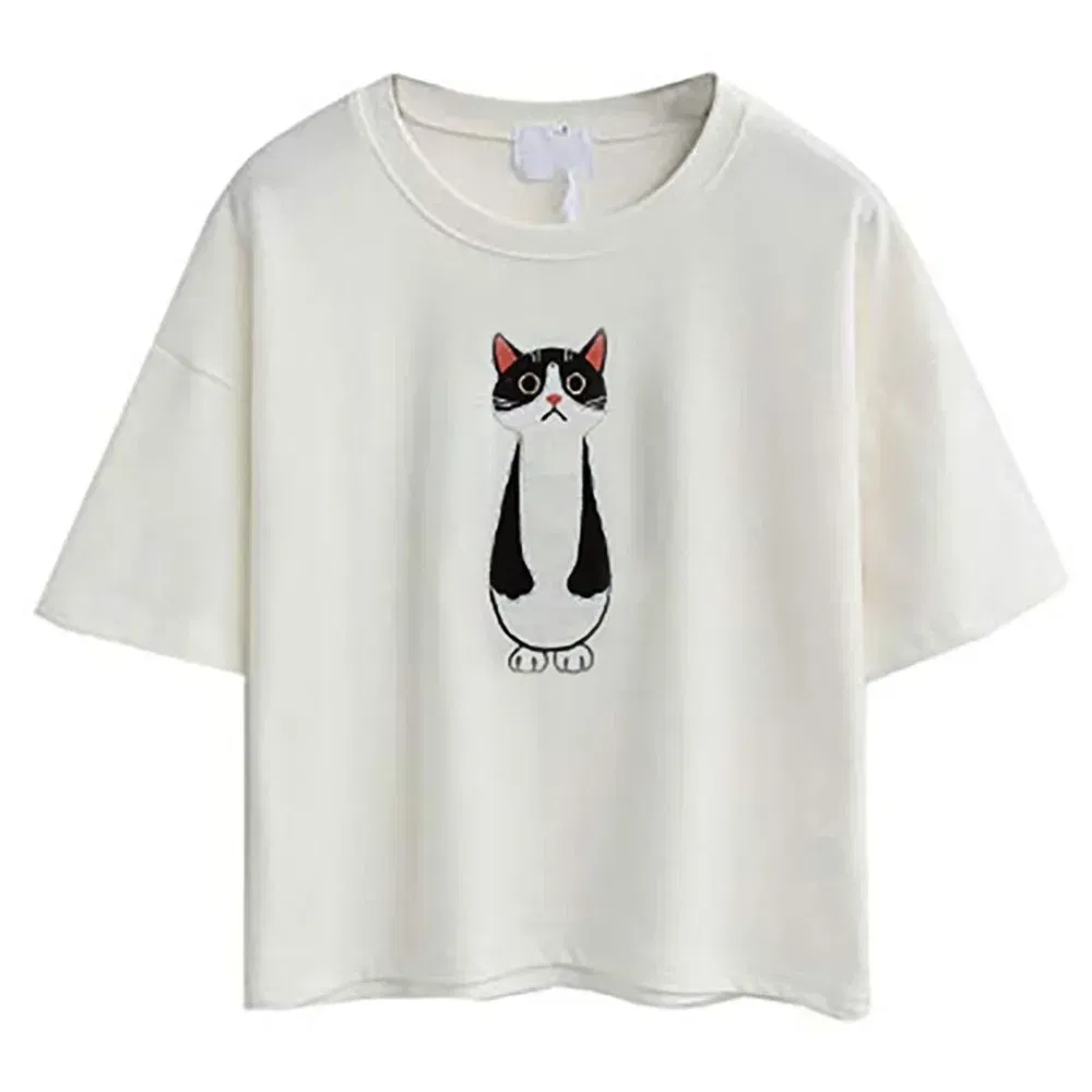 Color: black, Size: S, Ships From: CHINA - 2021 Summer Cotton Short Sleeved Crop Top T-shirt Femme Embroidered Cat T Shirts Cartoon Women Fashion Cactus Top Tee T Shirt