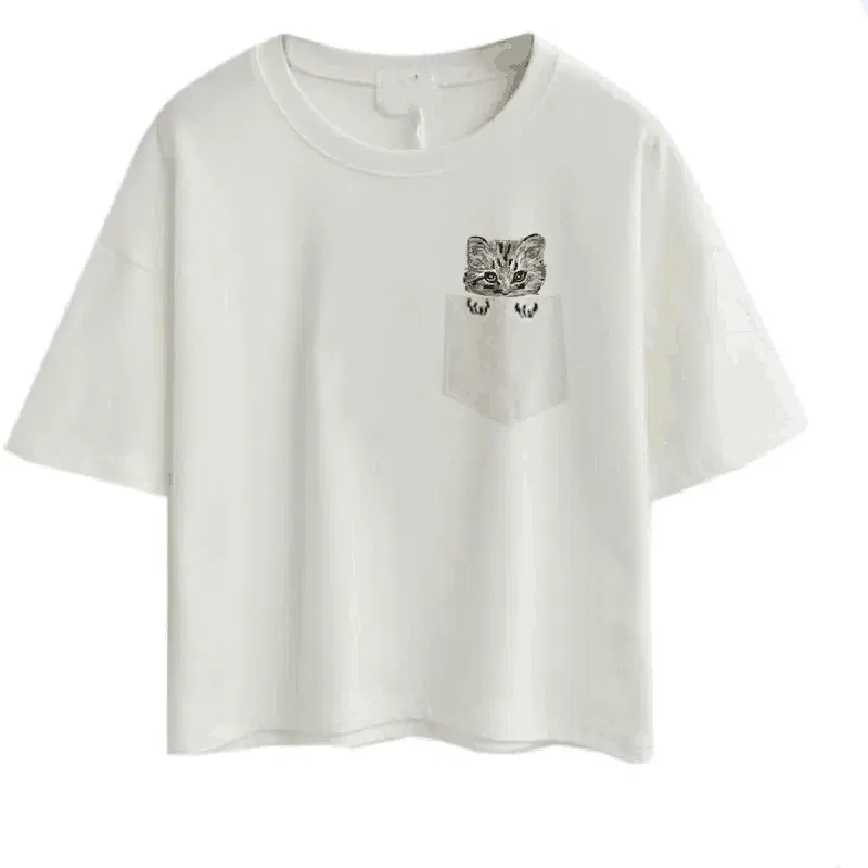 Color: black, Size: S, Ships From: CHINA - 2021 Summer Cotton Short Sleeved Crop Top T-shirt Femme Embroidered Cat T Shirts Cartoon Women Fashion Cactus Top Tee T Shirt