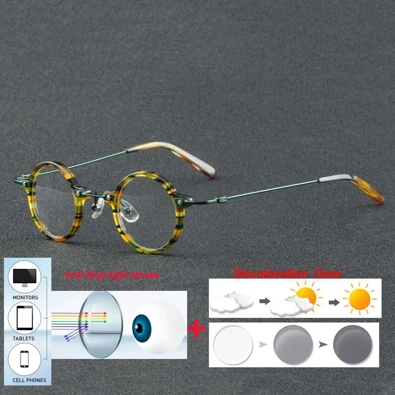 Frame Color: green, Eye Prescription: +600 - VCKA Anti-blue Discolor Acetate+Titanium Myopia Glasses Frames Small Round Men Prescription Optical Women Eyewear -0.50 to -10.0