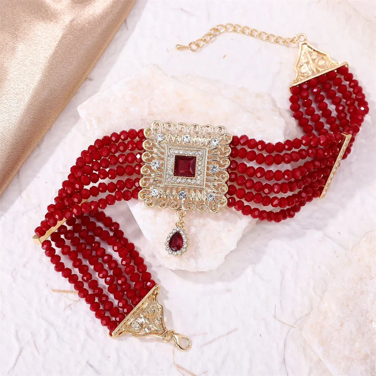 Metal color: Gold-color - Hand Beaded Necklaces Water Drop Pendants Beaded Necklaces For Arab Brides