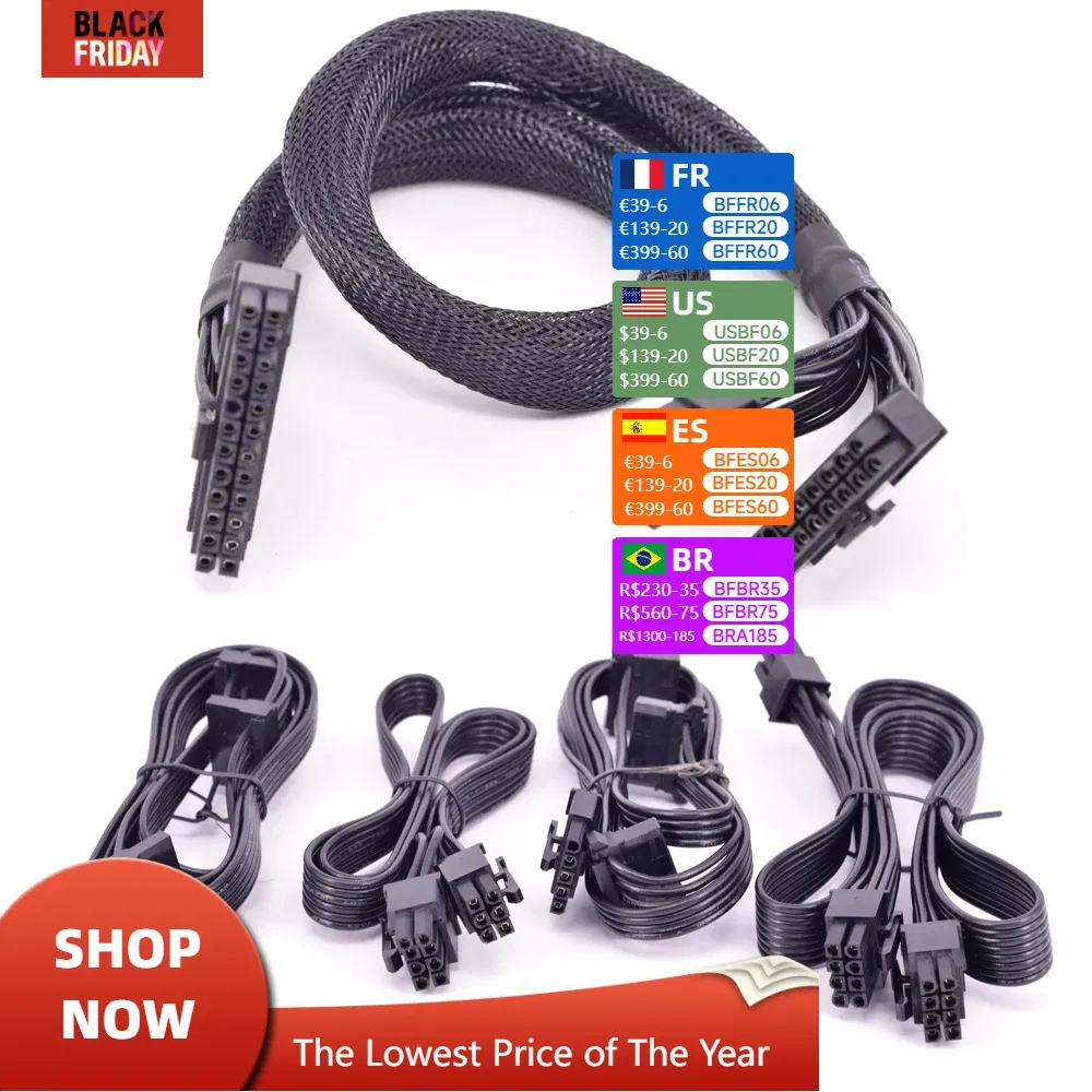 Color: black, Cable length: Other - For Cooler Master V Series V850 V1000 V1200 ATX 24 Pin CPU PCI-e 6 6+2 8 Pin Peripheral 4 Pin SATA Power Supply Cable