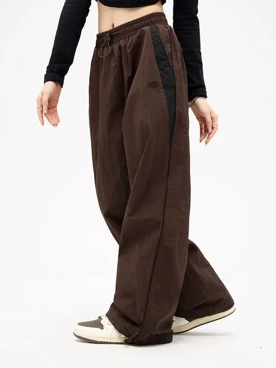 Color: Brown, Size: L - Women Spring Retro Solid Loose Drawstring Trousers Casual Joggers Baggy Wide Leg Sweatpants Mid Waist Sporty Y2k Female Clothes