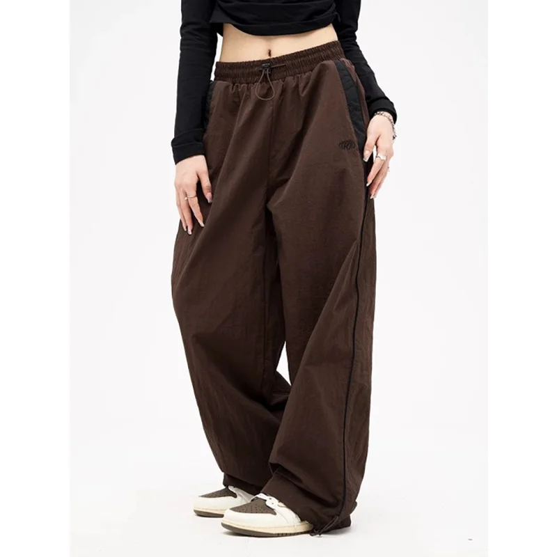 Color: Brown, Size: L - Women Spring Retro Solid Loose Drawstring Trousers Casual Joggers Baggy Wide Leg Sweatpants Mid Waist Sporty Y2k Female Clothes