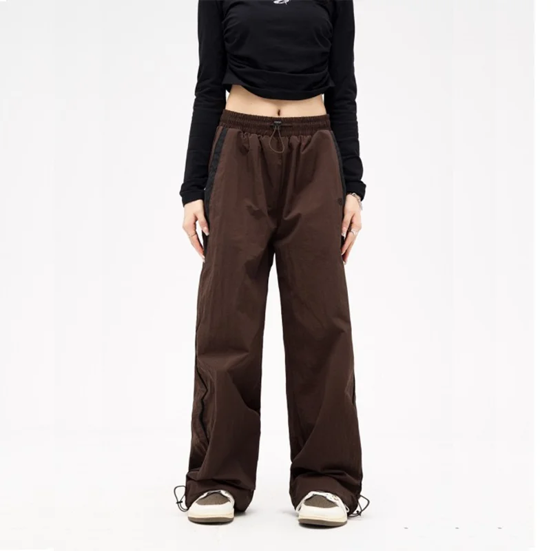 Color: Brown, Size: L - Women Spring Retro Solid Loose Drawstring Trousers Casual Joggers Baggy Wide Leg Sweatpants Mid Waist Sporty Y2k Female Clothes