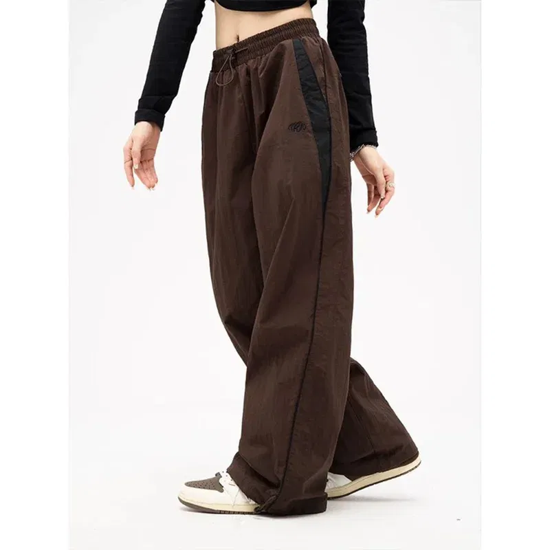 Color: Brown, Size: L - Women Spring Retro Solid Loose Drawstring Trousers Casual Joggers Baggy Wide Leg Sweatpants Mid Waist Sporty Y2k Female Clothes