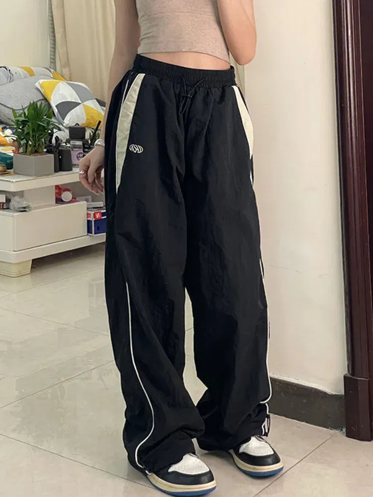 Color: Brown, Size: L - Women Spring Retro Solid Loose Drawstring Trousers Casual Joggers Baggy Wide Leg Sweatpants Mid Waist Sporty Y2k Female Clothes
