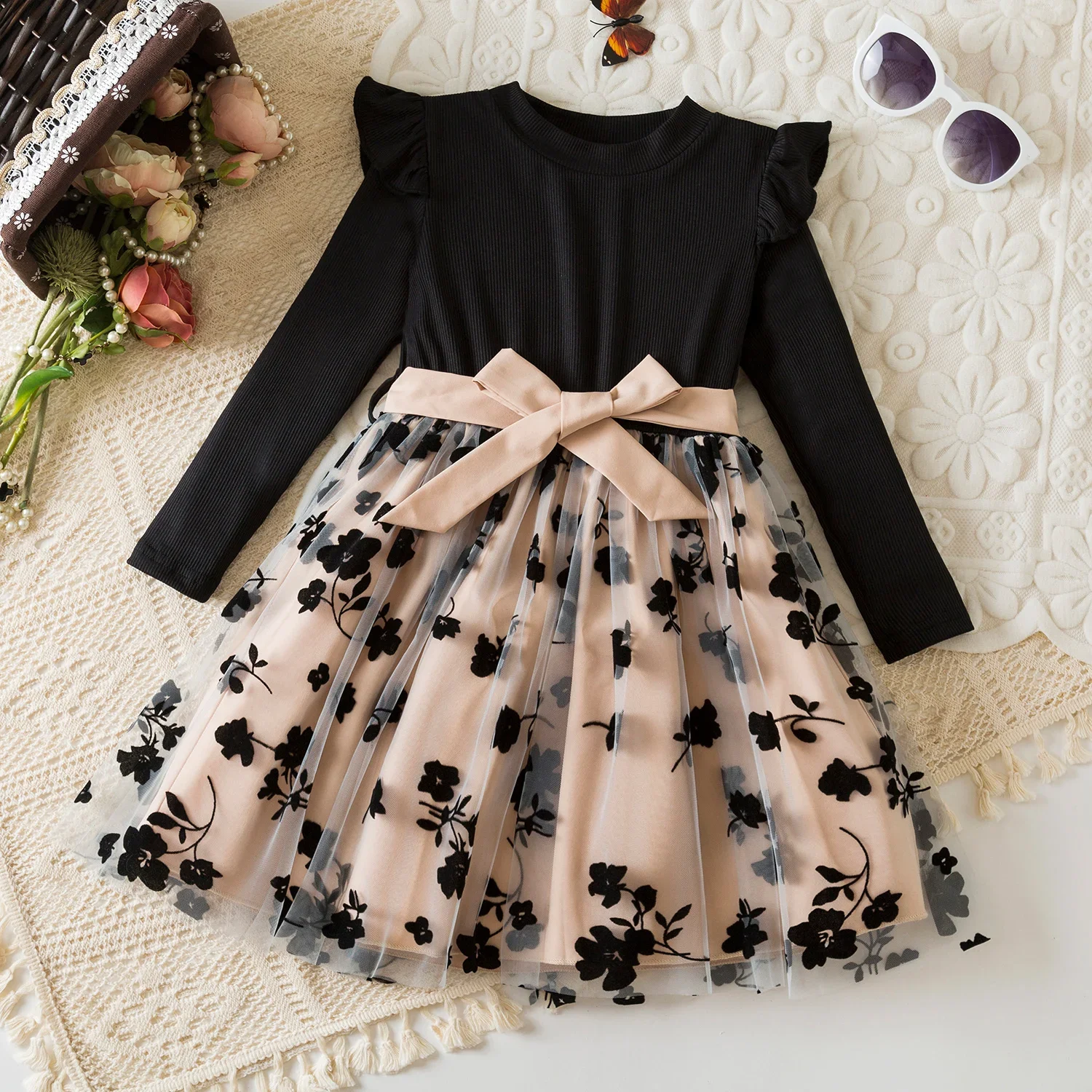 Color: black, Kid Size: 4T - Spring Autumn Full Sleeve Dress for Girls 3 to 8 Yrs Flower Girl Dress Children's Casual Clothing New Long Seelve Princess Dress