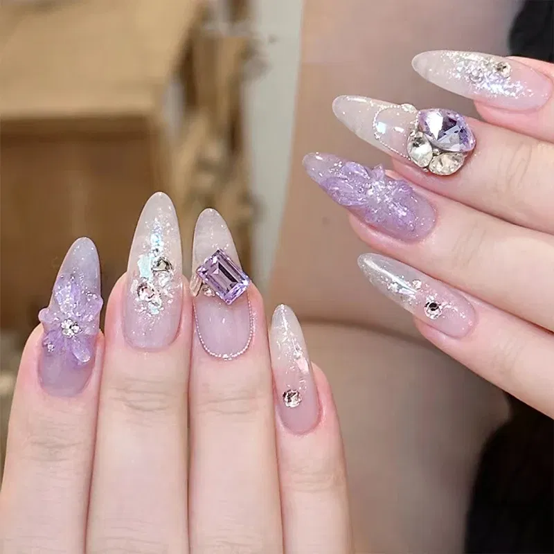 Color: Yellow - 20pcs Nail Art Light Purple Sparkling Crystal Glass Diamond Violet Pointed Bottom Bare Rhinestone Gem Nail Accessories Charms