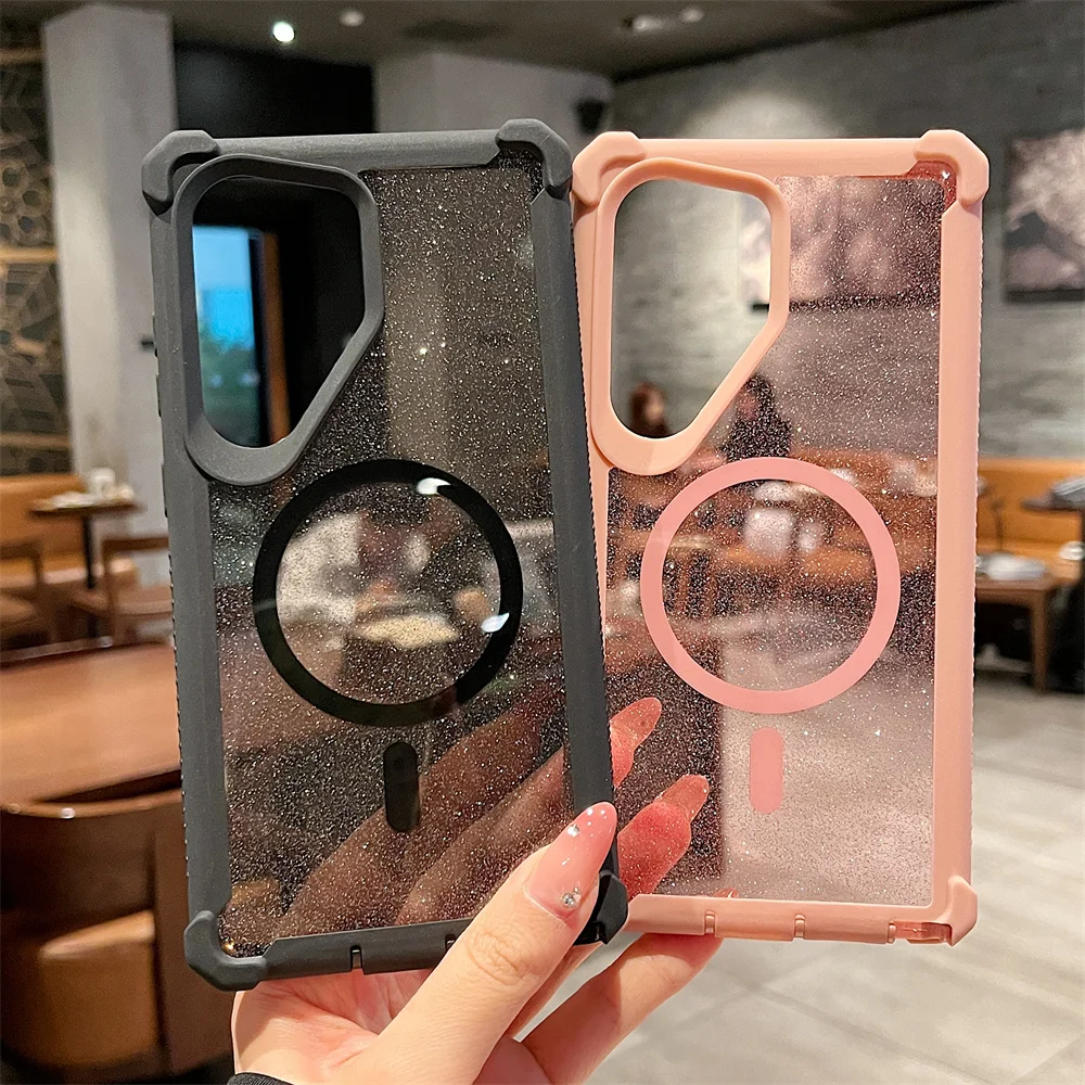 Color: SKY BLUE, Compatibility by Model: Galaxy S24+ - For Magsafe Clear Armor Bumper Glitter Phone Case For Samsung S25 Ultra S24 Plus Wireless Charging Shockproof Protective Cover