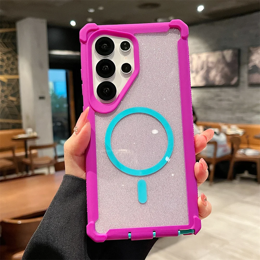 Color: SKY BLUE, Compatibility by Model: Galaxy S24+ - For Magsafe Clear Armor Bumper Glitter Phone Case For Samsung S25 Ultra S24 Plus Wireless Charging Shockproof Protective Cover