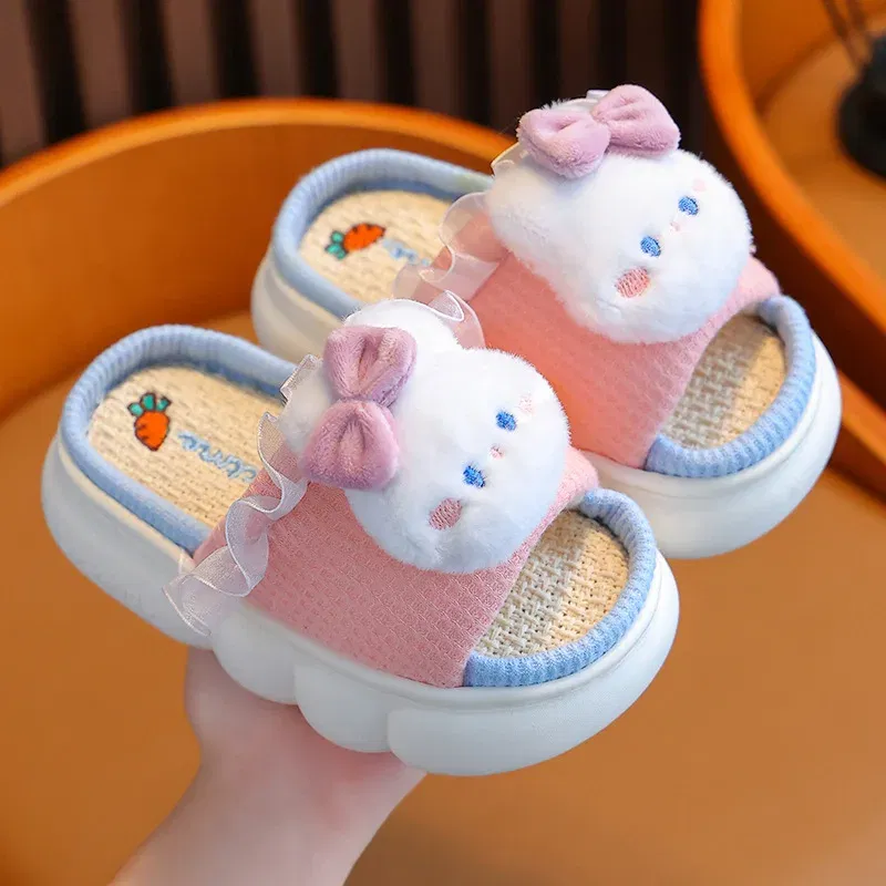 Color: Beige, Shoe Size: 4.5 - Women's Slippers Casual Cute Cartoon Open Toe Platform Slippers Girls' Breathable, Lightweight, Non-slip Home Shoes