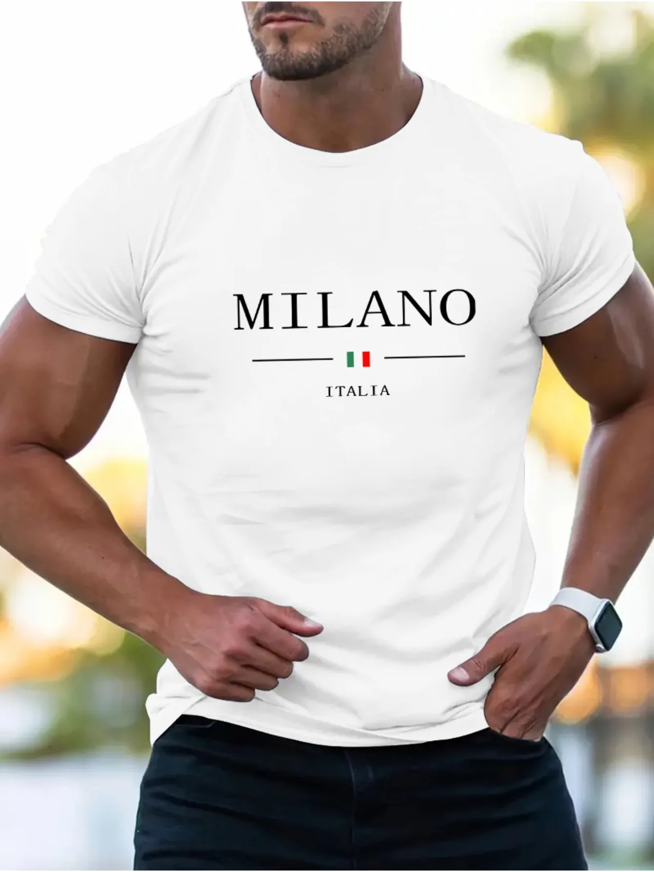 Color: WHITE, Size: S - Summer men's 100% cotton casual sports loose plus MILANO print comfortable shopping round neck short sleeved T-shirt top
