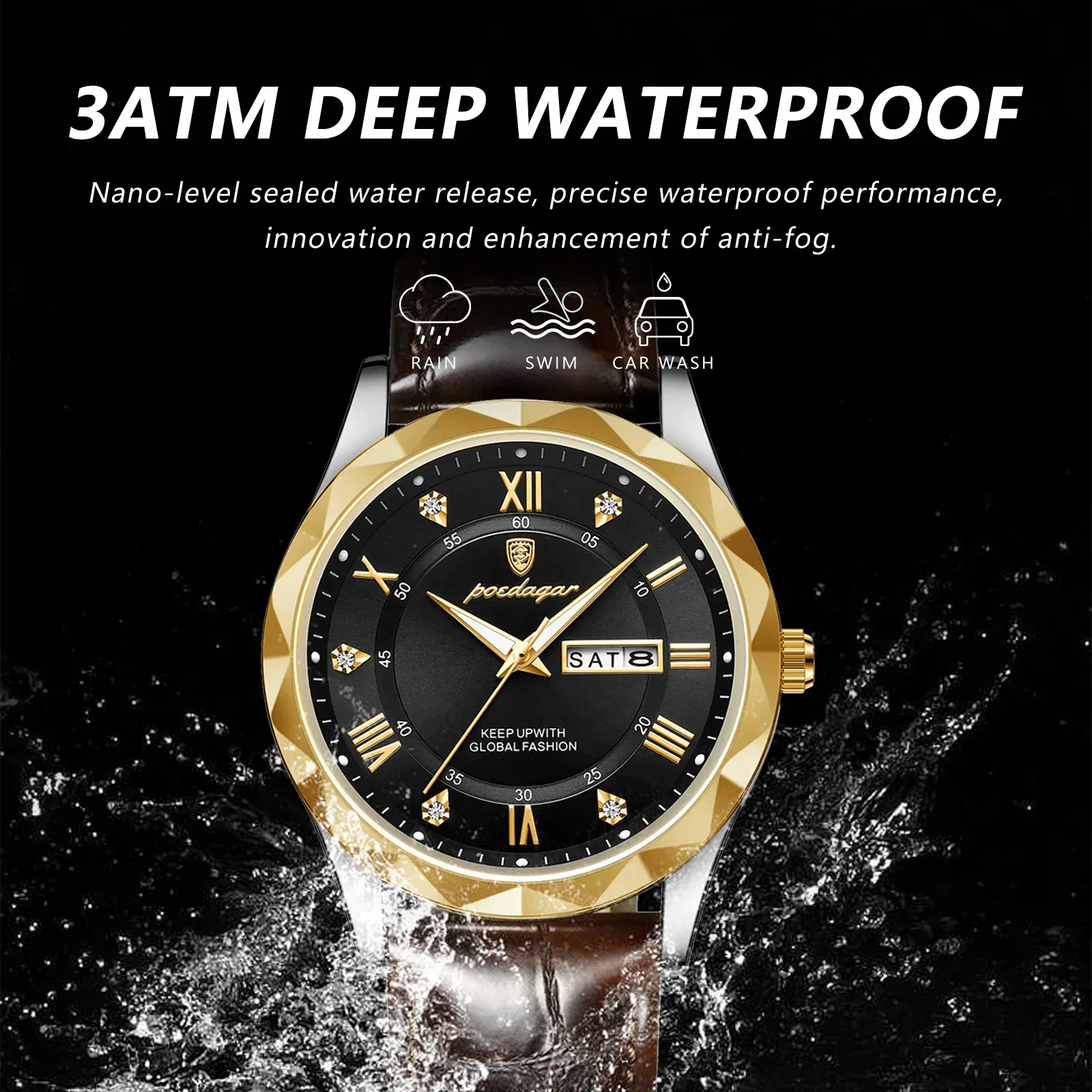 Color: green - POEDAGAR Luxury Business Man Wristwatch Waterproof Luminous Date Week Men Watch For Men Quartz Clock Leather Men's Watches reloj