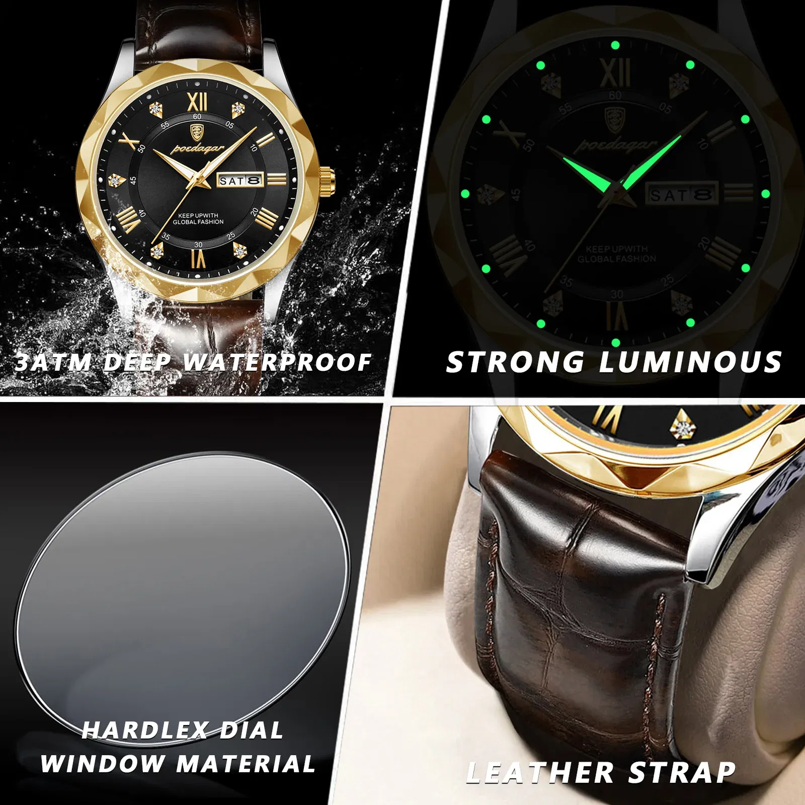 Color: green - POEDAGAR Luxury Business Man Wristwatch Waterproof Luminous Date Week Men Watch For Men Quartz Clock Leather Men's Watches reloj