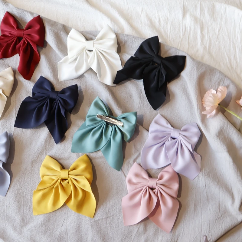 Color: PURPLE - Elegant Bow Ribbon Hair Clip Fashion Simple Solid Satin Spring Clip Hair Pin Retro Headband with Clips Girls Hair Accessories