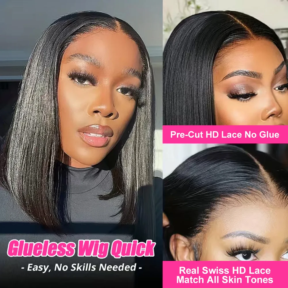 Hair Color: #1B, Ships From: CHINA, Stretched Length: 8inches, Density: 150% - Wear And Go Glueless Bob Wig Human Hair 7x5 HD Lace Closure Human Hair Pre Plucked  No Glue Pre Cut Ready To Wear Frontal Wig