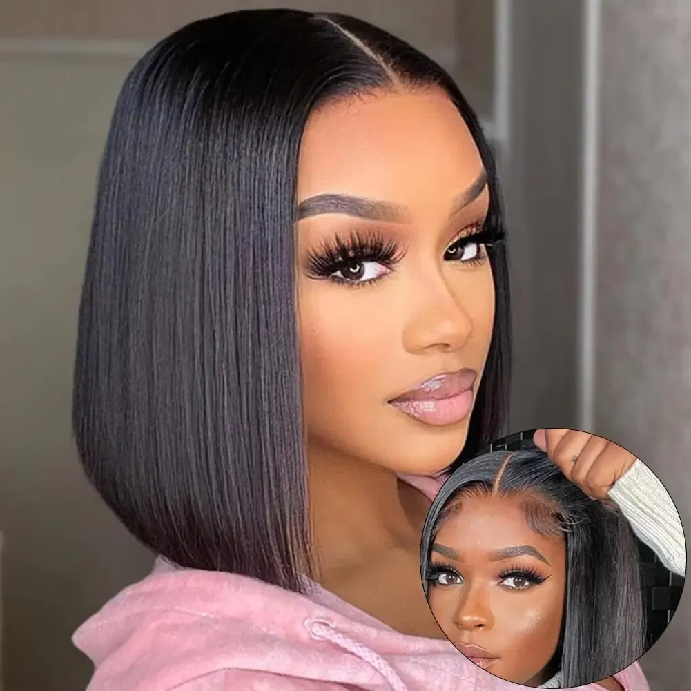 Hair Color: #1B, Ships From: CHINA, Stretched Length: 8inches, Density: 150% - Wear And Go Glueless Bob Wig Human Hair 7x5 HD Lace Closure Human Hair Pre Plucked  No Glue Pre Cut Ready To Wear Frontal Wig