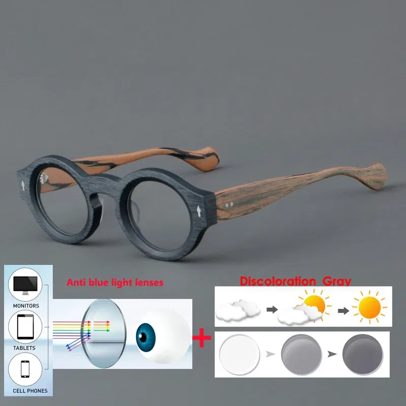 Frame Color: Gold, Eye Prescription: +225 - VCKA Round Acetate Myopia Anti-blue Discolor Glasses Vintage Men Prescription Intensification Custom Optics Eyewear -0.50 to -10