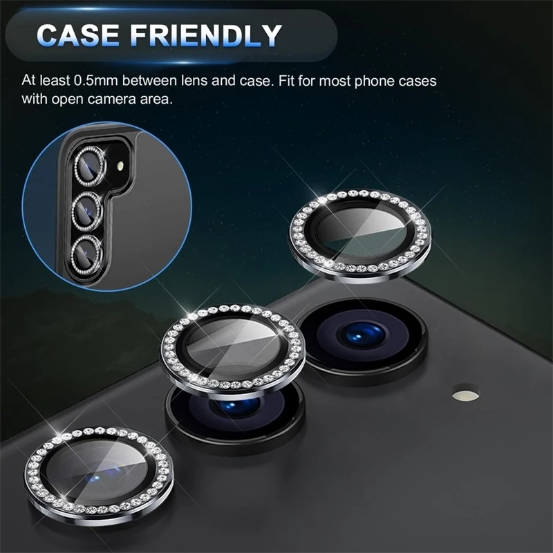 Material: Denim, Color: Blue - Bling 3D Diamond Metal Camera Ring Protector for Samsung Galaxy A55 A35 A25 A15 A05 5G Alloy Lens HD Tempered Glass Protect Cap