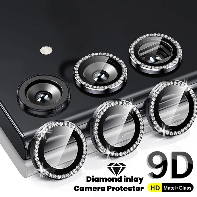 Material: Denim, Color: Blue - Bling 3D Diamond Metal Camera Ring Protector for Samsung Galaxy A55 A35 A25 A15 A05 5G Alloy Lens HD Tempered Glass Protect Cap