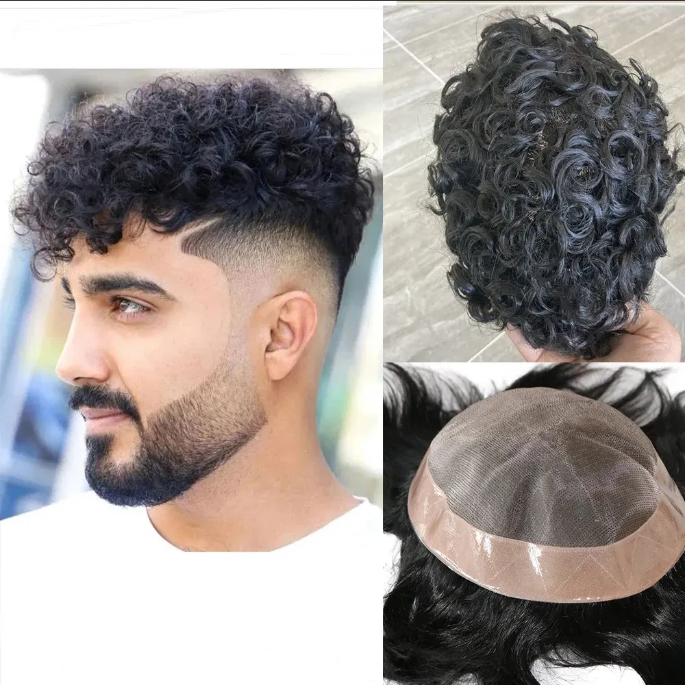 Toupee Color: 1820#, Toupee Density: 110%, Length: 6 inches, Toupee Size: 7x9, Toupee Design: free - 20MM Curly Brown Black Super Durable Mono Lace&Pu Mens Toupee Wig Human Hair 15mm Capillary Prosthesi Weave Replacement For Male