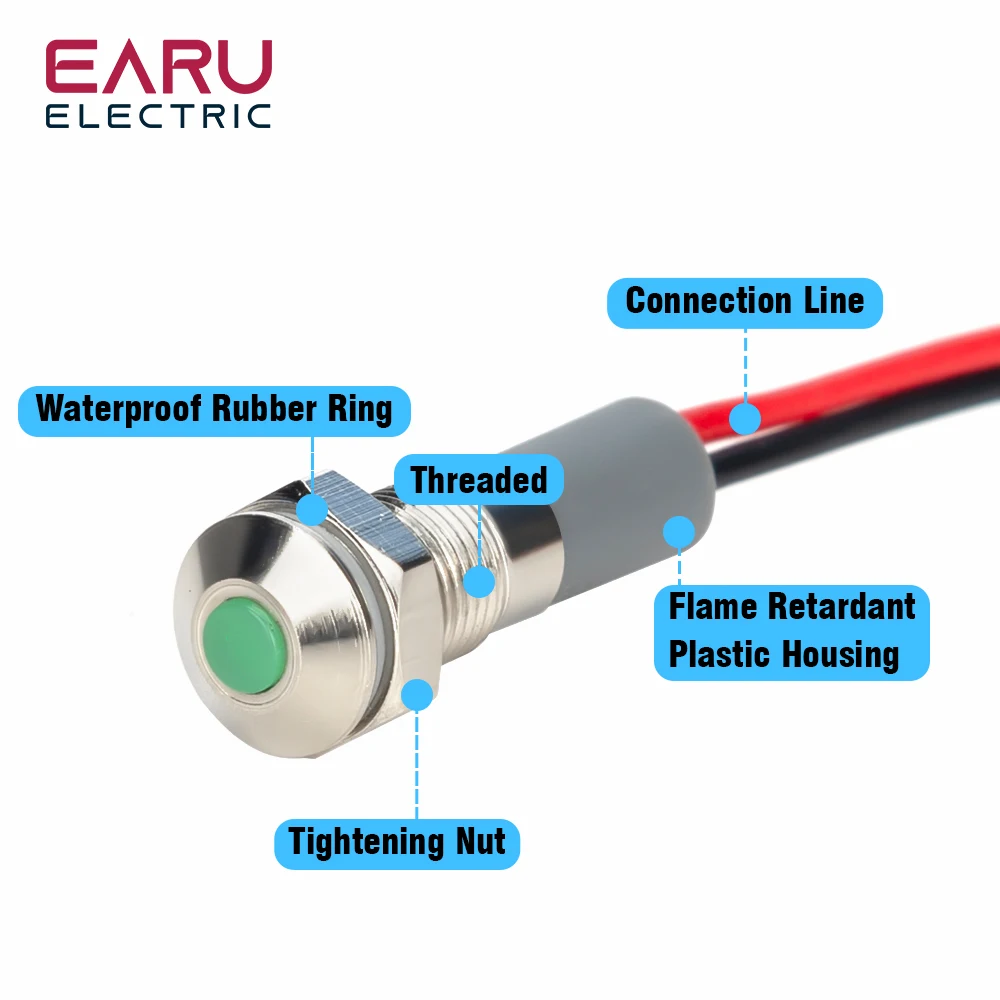 Color: army green - 1PC IP65 6mm LED Waterproof Metal Indicator Light Signal Lamp With Wire 5V 12V 24V 220V Red/Yellow/Blue/Green/White Metal Button