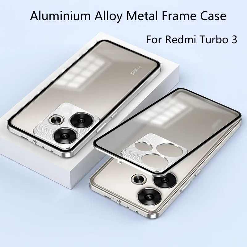 Color: Green, Material: ABS - Aluminium Alloy Metal Frame Case For Poco F6 Case Matte transparent Acrylic Back Cover For Xiaomi POCO F6 5G Redmi Turbo3 Bumper