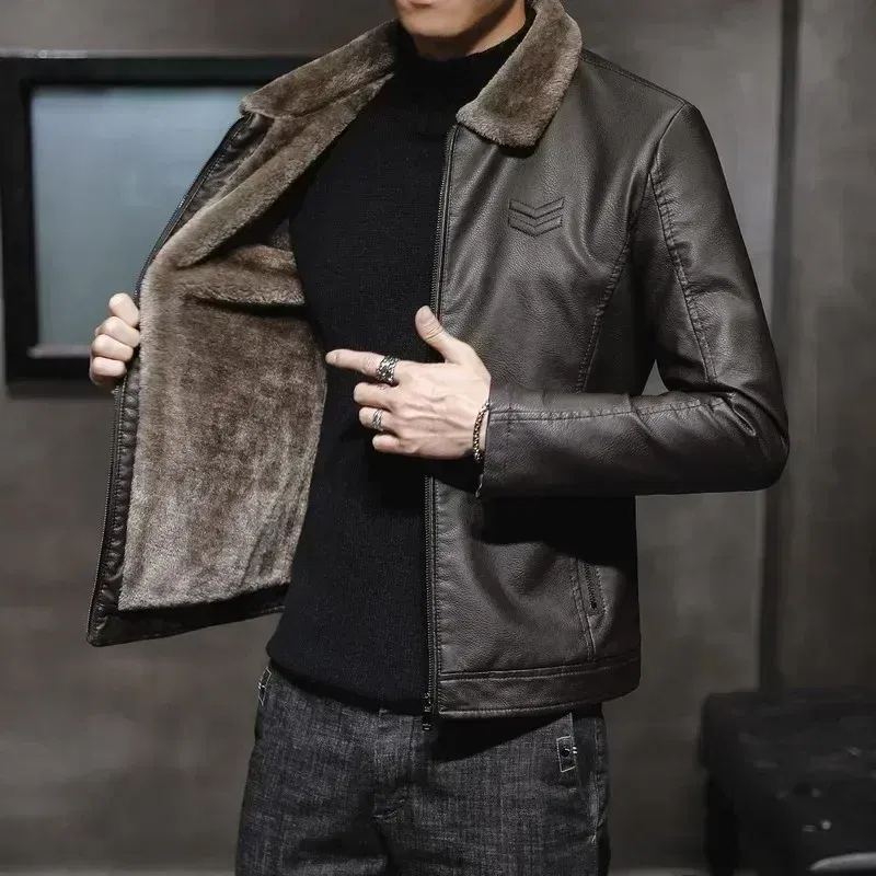 Color: Beige, Size: M - Vintage Brown Leather Jacket Men's Winter Faux Fur Collar Windproof Warm Coat Male Luxury Clothing Brand chaqueta cuero hombre