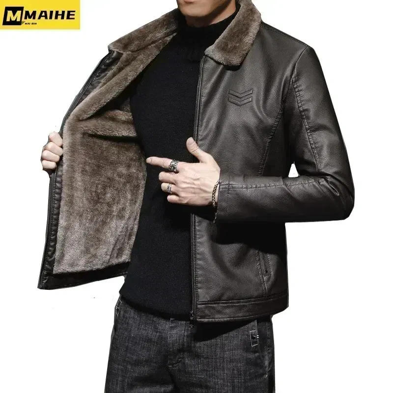 Color: Beige, Size: M - Vintage Brown Leather Jacket Men's Winter Faux Fur Collar Windproof Warm Coat Male Luxury Clothing Brand chaqueta cuero hombre