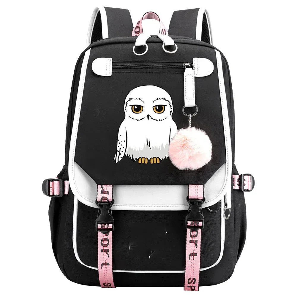 Color: black - Anime Hedwig Night Owl Backpack Nylon School Book Student Travel Bags Laptop Casual USB Port Messenger Bag