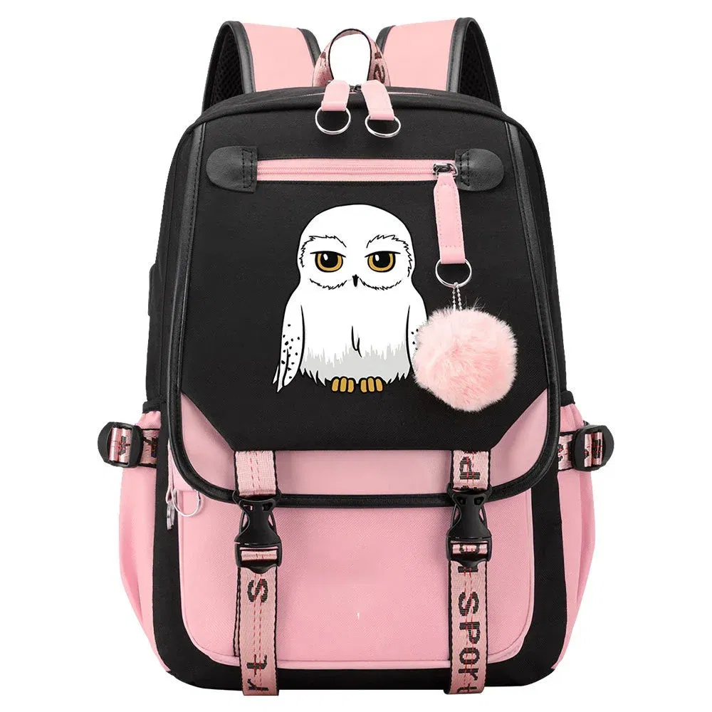 Color: black - Anime Hedwig Night Owl Backpack Nylon School Book Student Travel Bags Laptop Casual USB Port Messenger Bag