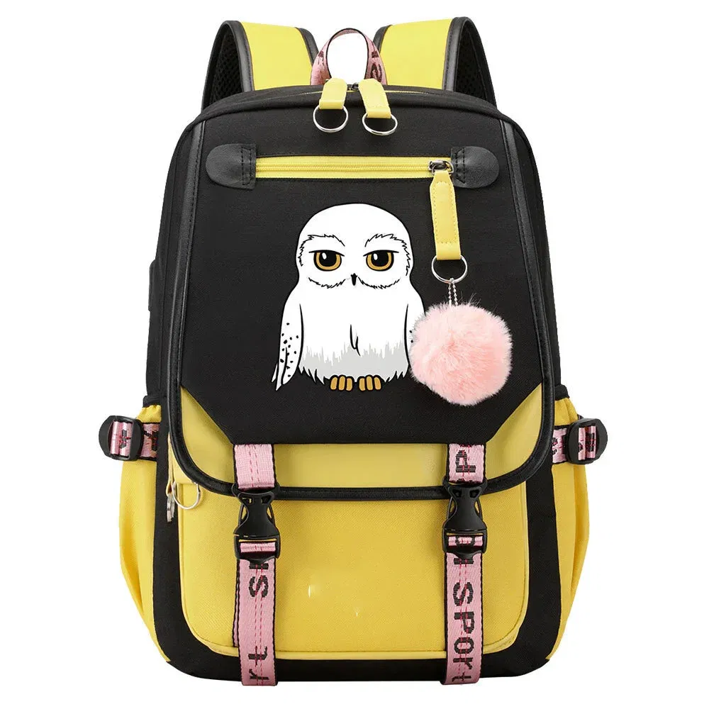Color: black - Anime Hedwig Night Owl Backpack Nylon School Book Student Travel Bags Laptop Casual USB Port Messenger Bag