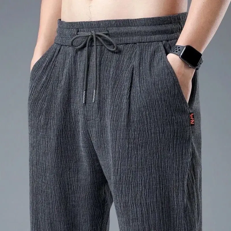 Color: GRAY, Size: XXL - Summer Ice Silk Man Jogger Linen Pants Casual Wide Summer Sweatpants Male Spring Lightweight Halking Harem Trousers
