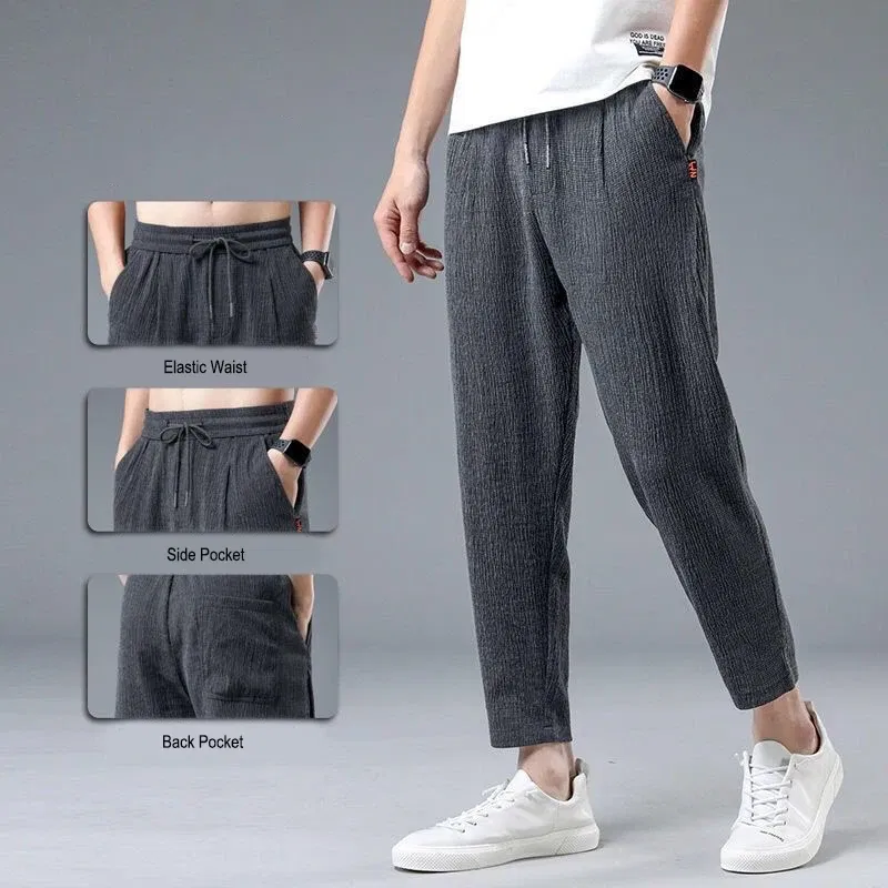 Color: GRAY, Size: XXL - Summer Ice Silk Man Jogger Linen Pants Casual Wide Summer Sweatpants Male Spring Lightweight Halking Harem Trousers