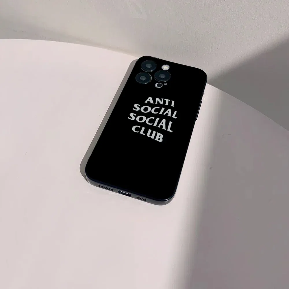 Color: SKY BLUE, Material: Microfiber - Anti Social Social Club Phone Case For IPhone 16 15 14 13 Pro Max 11 12 Mini X Xs XR Se 2022 Black Silicone Cover