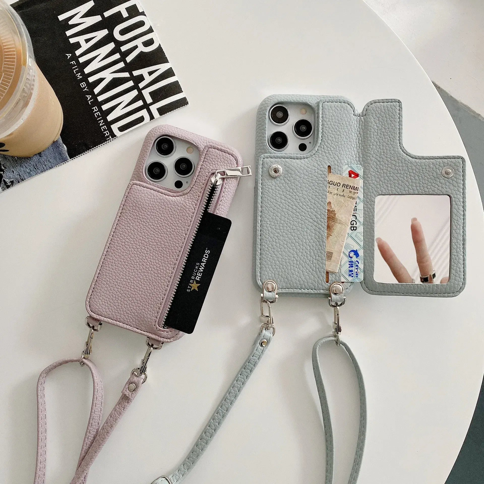 Material: leather, Color: SKY BLUE - Zipper Wallet Makeup Mirror Crossbody Lanyard Case For iPhone 16 15 14 Pro Max 13 12 11 XR XS 7 8 Plus Card Slot Leather Cover
